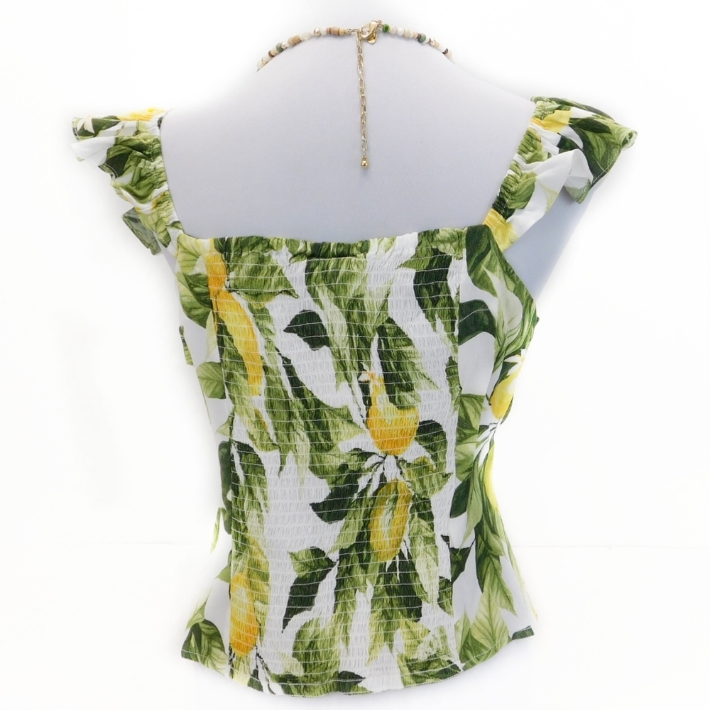 Tropical Lemon Print Ruffle Trim Summer Top - Picture 5 of 5